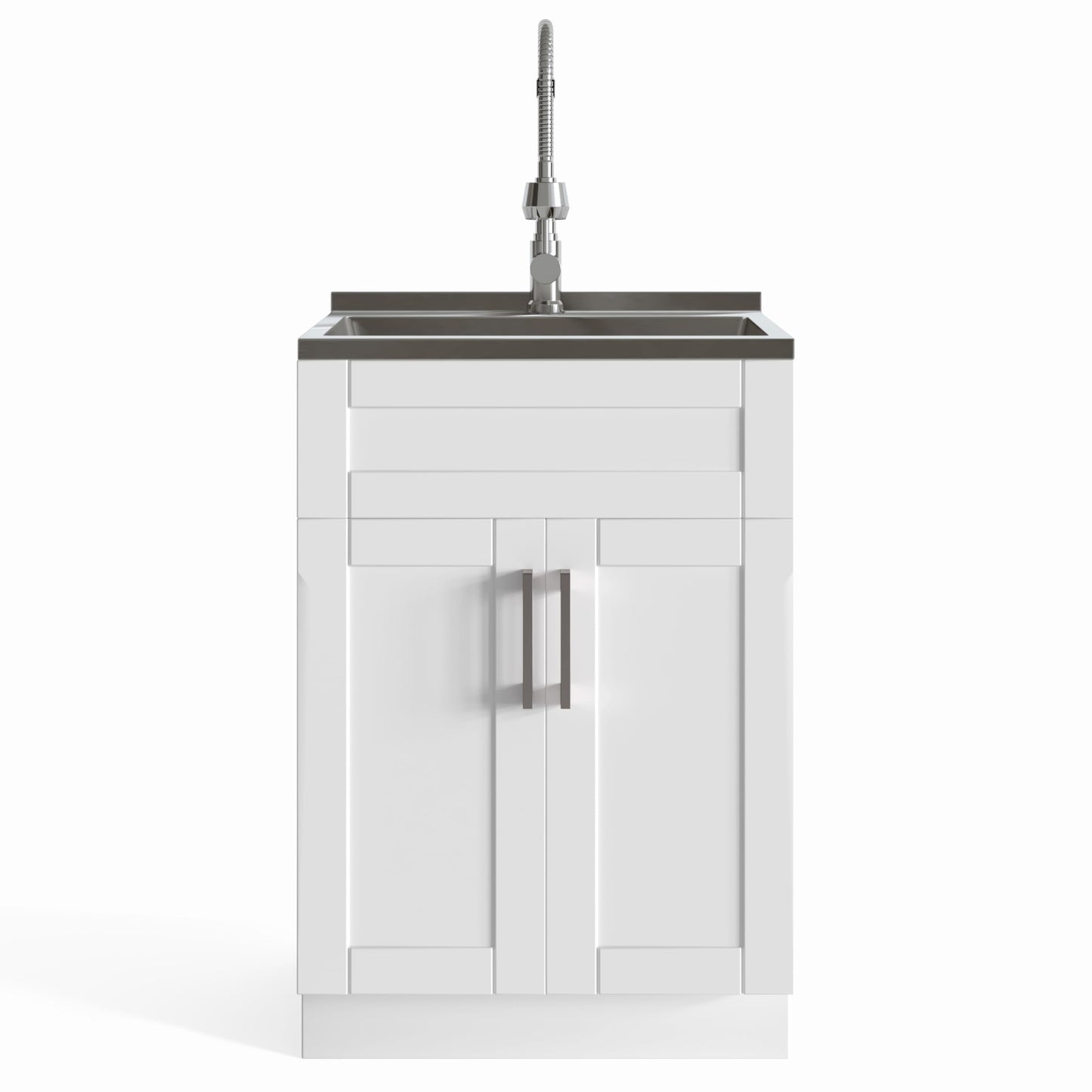 SIMPLIHOME Hennessy All-in-One 24 inch Wide Utility Sink and Laundry Cabinet in Pure White Finish, Transitional Stainless Steel Sink Cabinet for Laundry Rooms with High-Arch Chrome Faucet and Storage