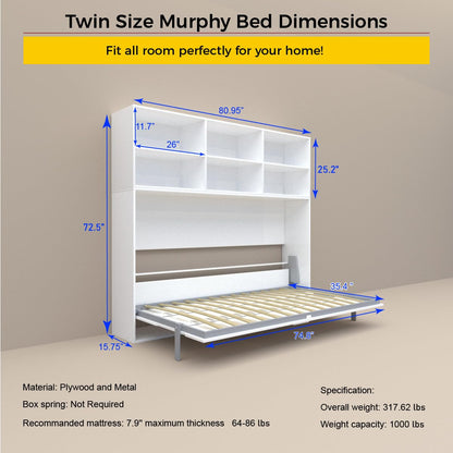 Ball & Cast Horizontal Murphy Bed Twin Size with Shelf Storage,Mordern Design Hideaway Cabinet Wall Bed w Gas Struts,Wood Folding Space-Saving Furniture for Bedroom,Student Dorms,White