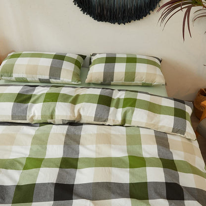 DONEUS 100% Washed Cotton Duvet Cover Set Super Soft Breathable Comfy Natural Linen Like Textured Bedding Set 3 Pieces with Zipper Closure (Green White Plaid, Queen)