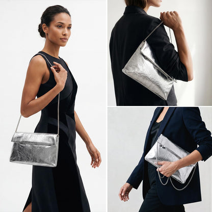 MXCMXC Women's Evening Clutch Bag Metallic Crinkled Leather Clutch Purse, Fold-over Handbag Envelope Purse with Hidden Magnetic (Silver)