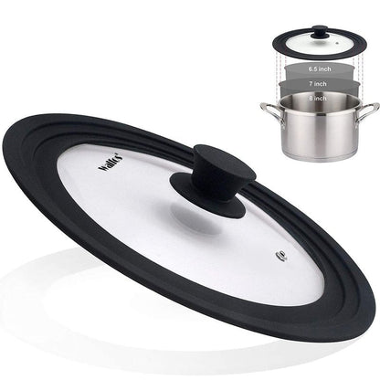 Universal Lid for Pots, Pans and Skillets & Frying Pan - Small Pan lids Fits 6.5", 7" and 8" Diameter Cookware - Tempered Glass with Heat Resistant Silicone Rim