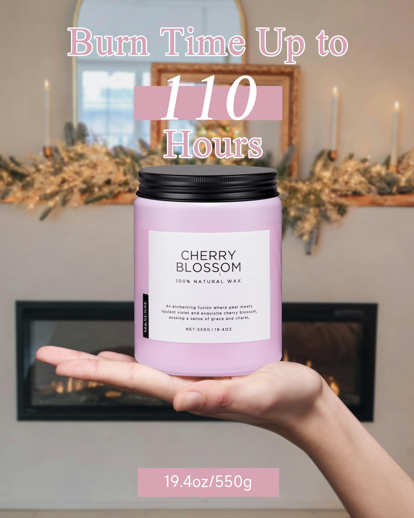 M&SENSE Large Cherry Blossom Scented Candle, 19.4oz Natural Soy Wax, 110-Hour Long Lasting, Non-Toxic Clean Burn, Spring Floral Scent for Relaxation, Home Fragrance Stress Relief Gift for Her