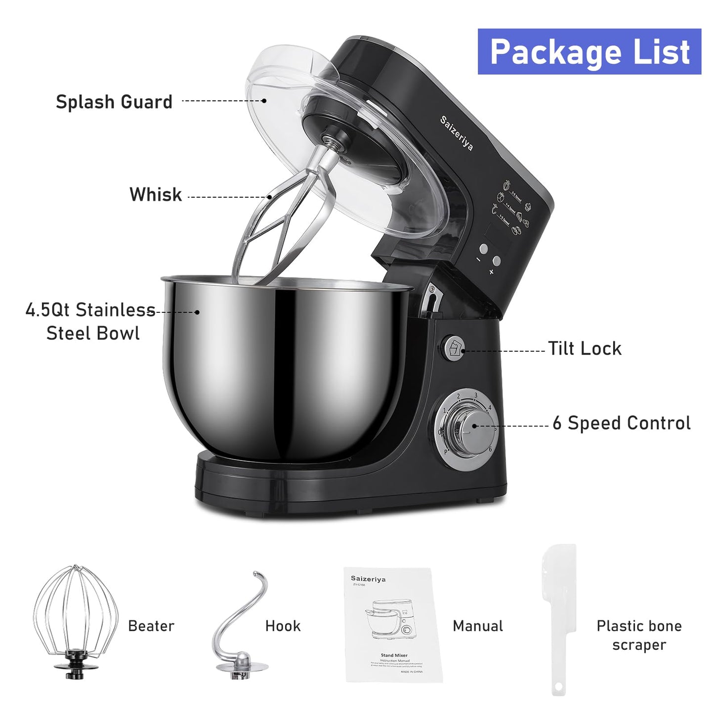 Electric Stand Mixer, 4.5QT 6-Speeds Electric Food Cake Mixer, 800W Dough Mixer Tilt-Head Electric Stand Up Mixer with Stainless Steel Bowl, Dough Hook, Mixing Beater and Whisk, Splash Guard, Black