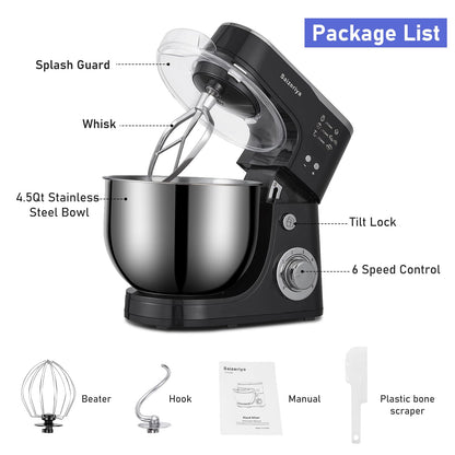 Electric Stand Mixer, 4.5QT 6-Speeds Electric Food Cake Mixer, 800W Dough Mixer Tilt-Head Electric Stand Up Mixer with Stainless Steel Bowl, Dough Hook, Mixing Beater and Whisk, Splash Guard, Black