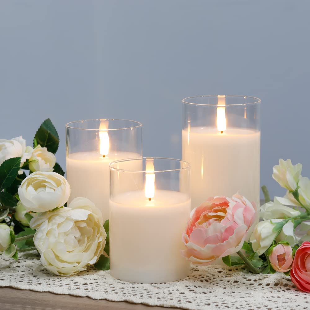 JHY DESIGN Set of 3 Glass Wax Flameless Candles 3D LED Candles White Wax Flickering Battery Candles with 8-Key Remote Control Timer for Home Wedding Party Christmas(Pivoted Flame-Shaped Tip)