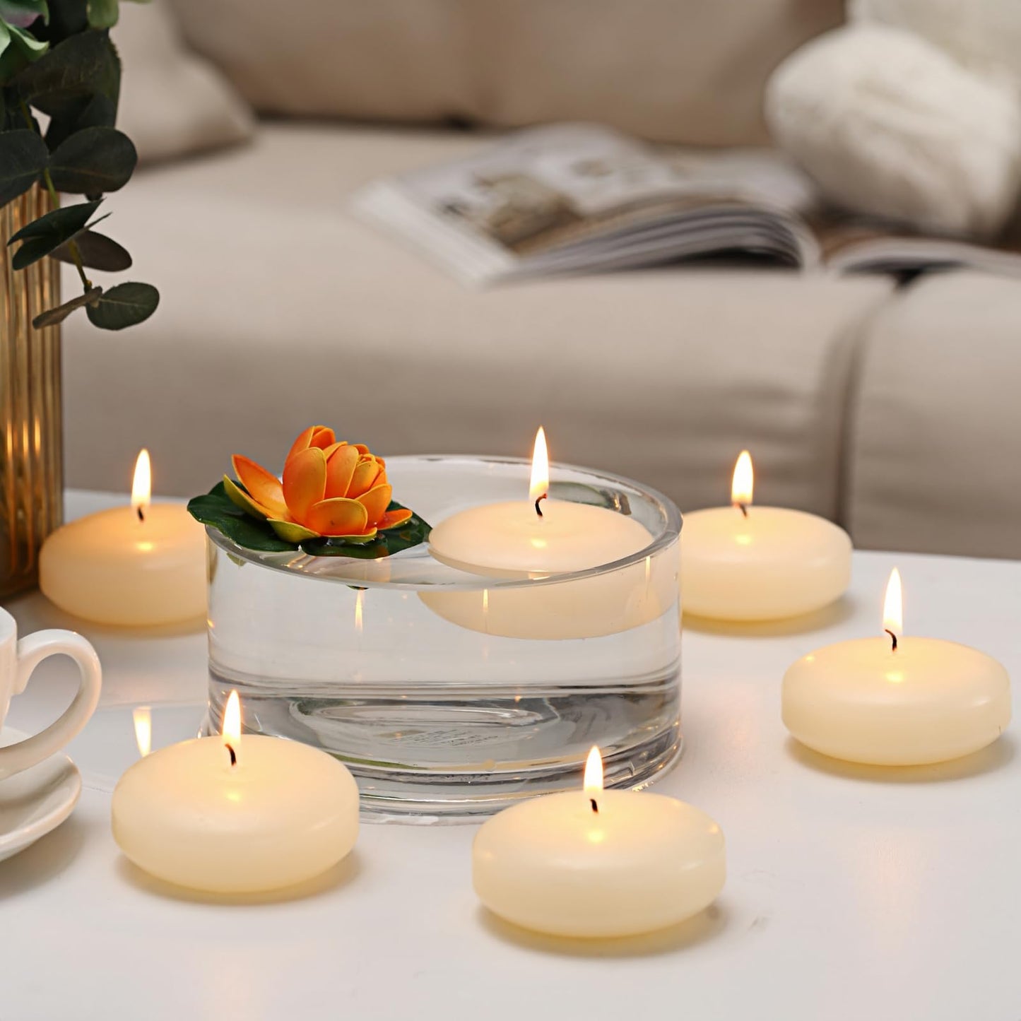 qinxiang 24 Pack Floating Candles, 3” Ivory Unscented Dripless Wax Burning Candles, for Cylinder Vases, Weddings, Party and Holiday …
