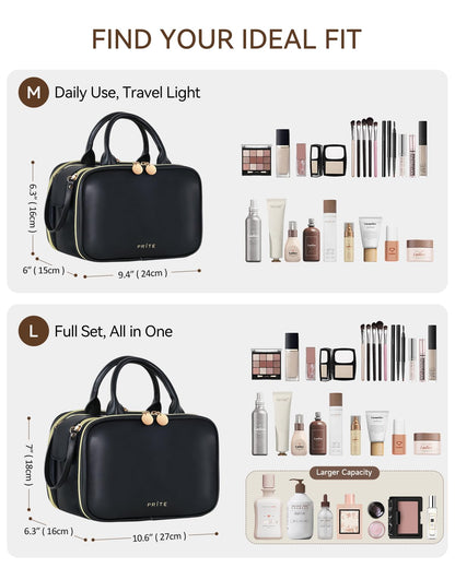 Prite Makeup Bag for Women, Large Capacity Waterproof Travel Cosmetic Organizer, Portable Open Flat Toiletry Bag with Free-standing Brush Holder and Handle(Black Large)