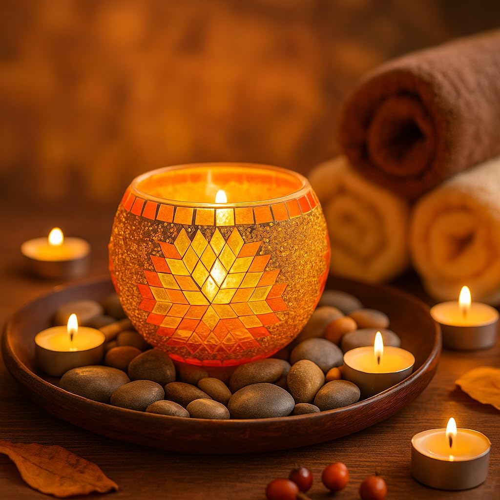 Okllen 4 Pack Glass Votive Candle Holders, Mosaic Tealight Bowls Round Decorative Candle Holder, Handmade Romantic LED Candle Lamps Holder for Home, Table, Party, Wedding Decor, 4 Styles