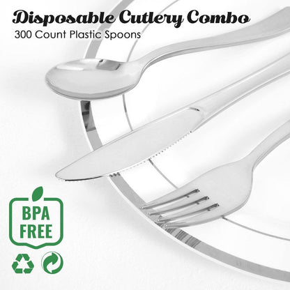 FOCUSLINE 300 Pack 6.8" Disposable Silver Plastic Spoons, Solid and Durable Plastic Cutlery Spoons, Heavy Duty Disposable Utensil Silverware for Catering, Parties, Dinners, Weddings