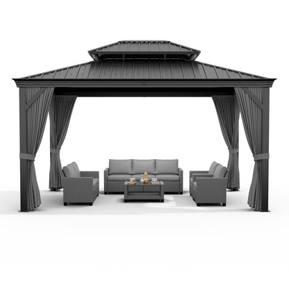 12'x18' Hardtop Gazebo, Heavy Duty Aluminum Permanent Hardtop Gazebo Outdoor Pavilion with Curtains and Netting for Garden