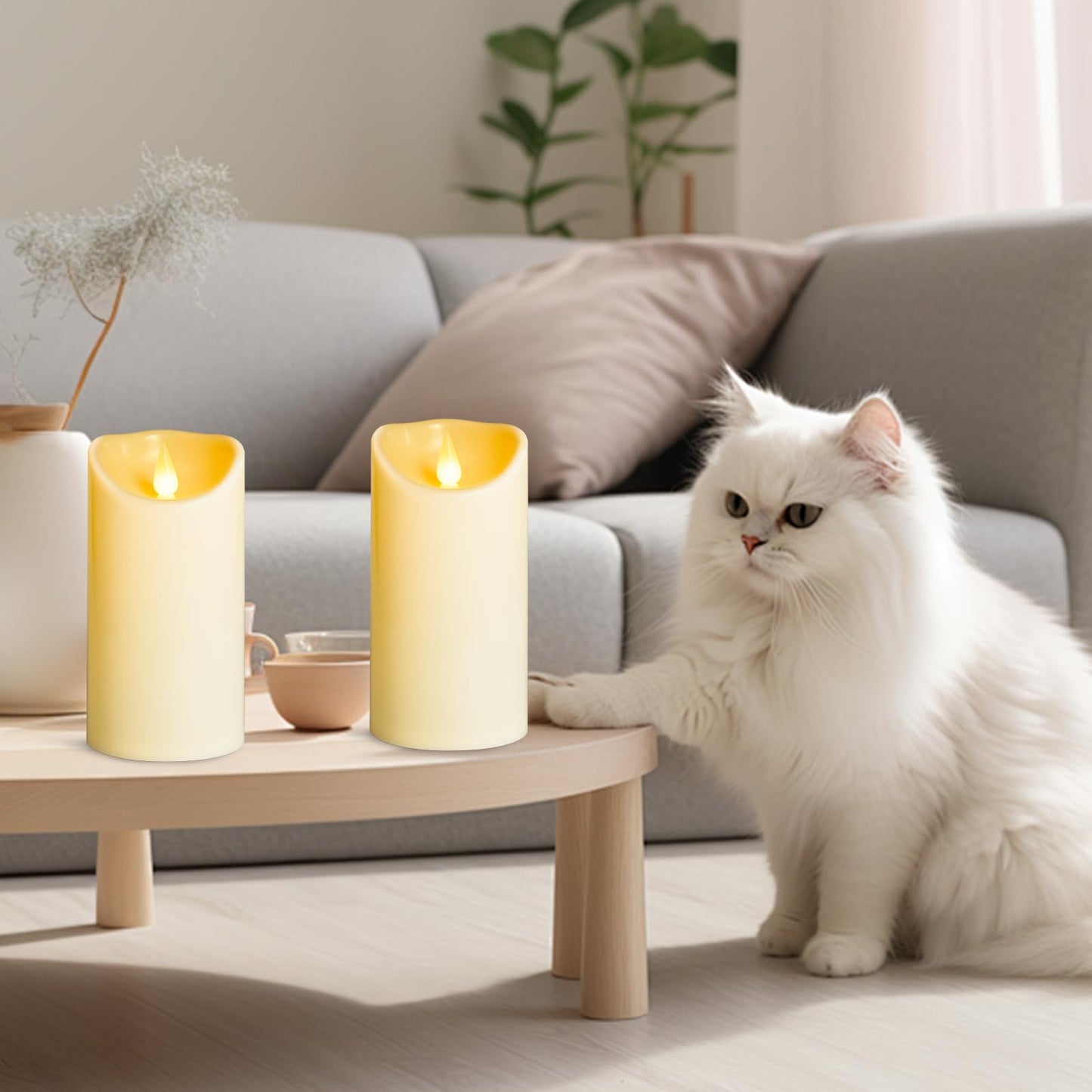 YIWER Plastic Flameless LED Candles,Pack of 4 Battery Operated Candle with 10 Key Remote Control Electric Fake Flickering Light Ivory Pillar D3”H6”