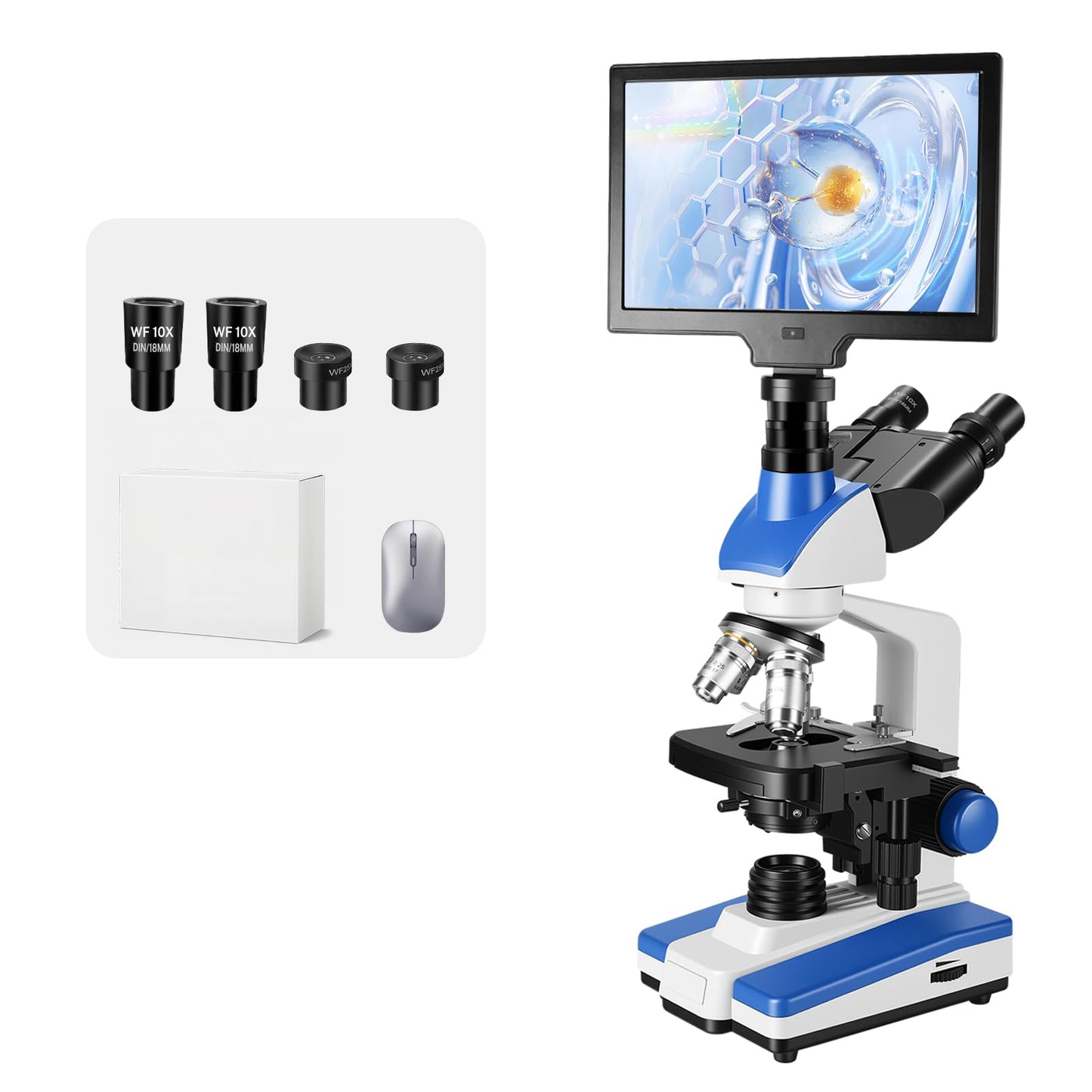 Lab Compound Trinocular Microscopes 40X-2500X Magnification with10 inch LCD,6MP Electronic Eyepiece, 0.5X CTV High Definition Adapter,Two-Layer Mechanical Stage,10X 25X Eyepiece