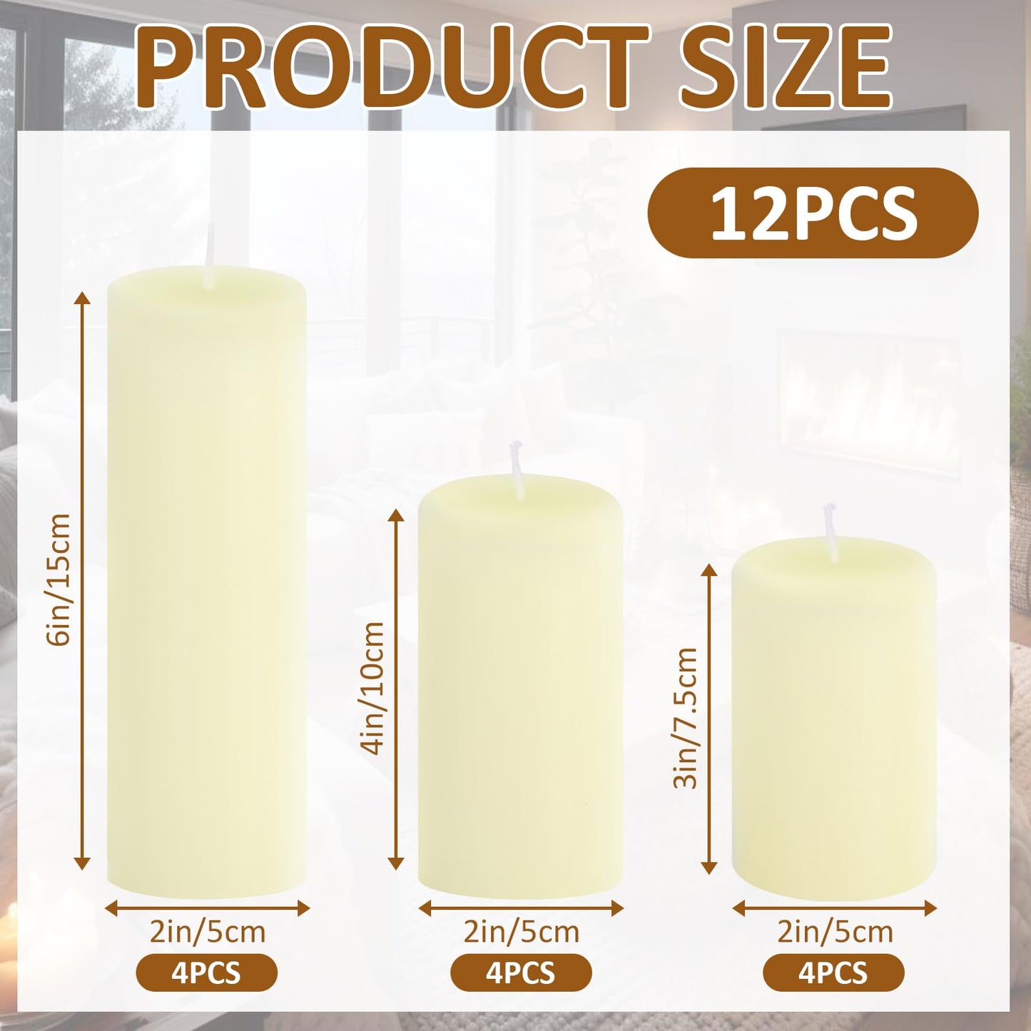 CHICERA 12-Pack Ivory Pillar Candles Bulk Set - 2x3, 2x4, 2x6 Inch Unscented Dripless Pillar Candles for Weddings, Home Decor & Centerpieces - Clean Burning Smokeless Decorative Candles