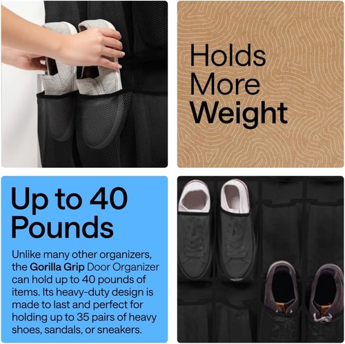 GORILLA GRIP Over The Door Shoe Organizer - 35 Large Breathable Mesh Pockets | Space-Saving Storage, 68.5H x 24.5W, Black