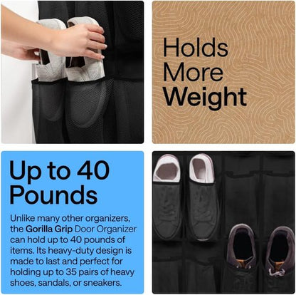 GORILLA GRIP Over The Door Shoe Organizer - 35 Large Breathable Mesh Pockets | Space-Saving Storage, 68.5H x 24.5W, Black