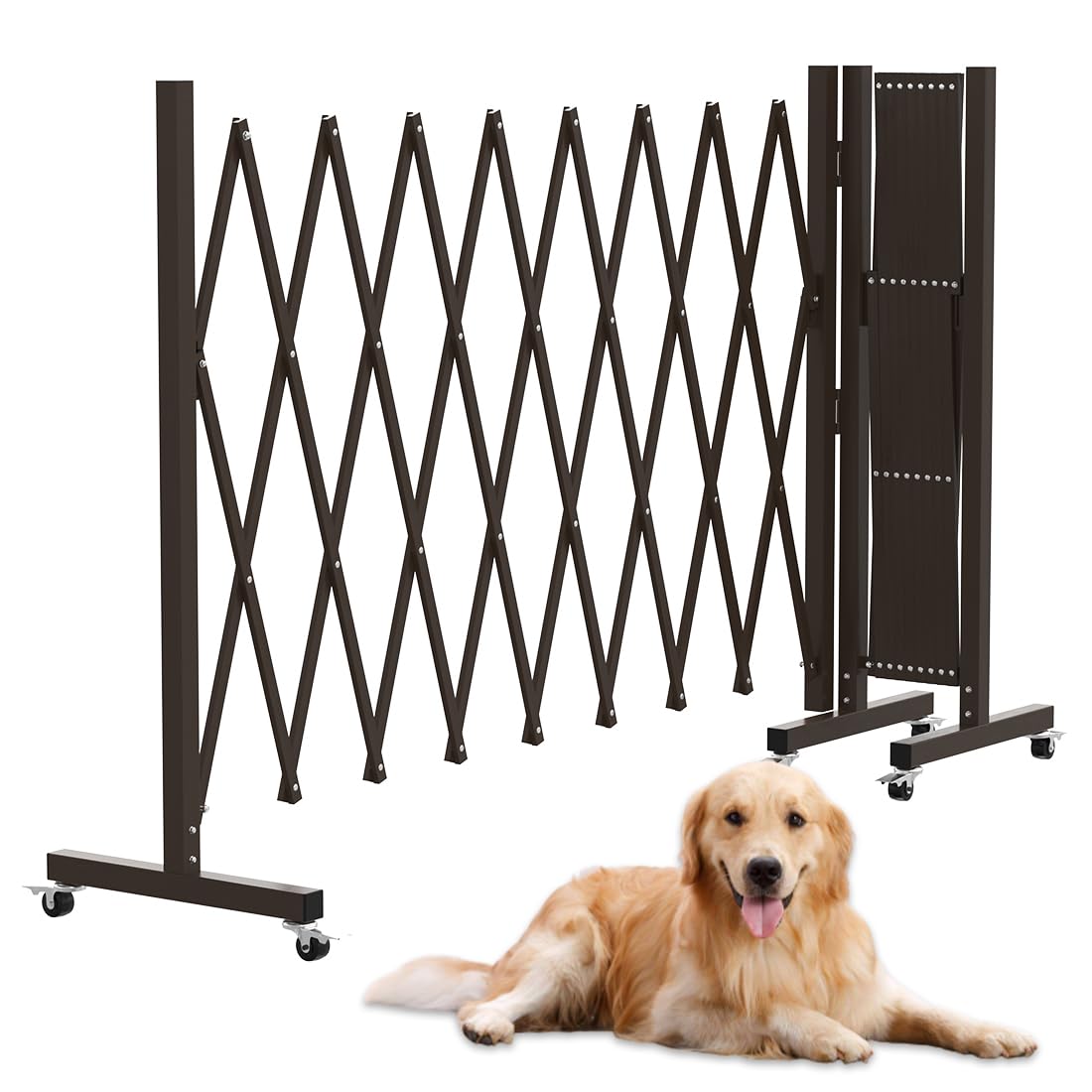 Expandable Driveway Gate, Portable Barricade Gate with Casters, Metal Folding Security Gate, 209" Wide Aluminum Expandable Garden Fence, Outdoor Dog Fence for Yard (Brown, 213)