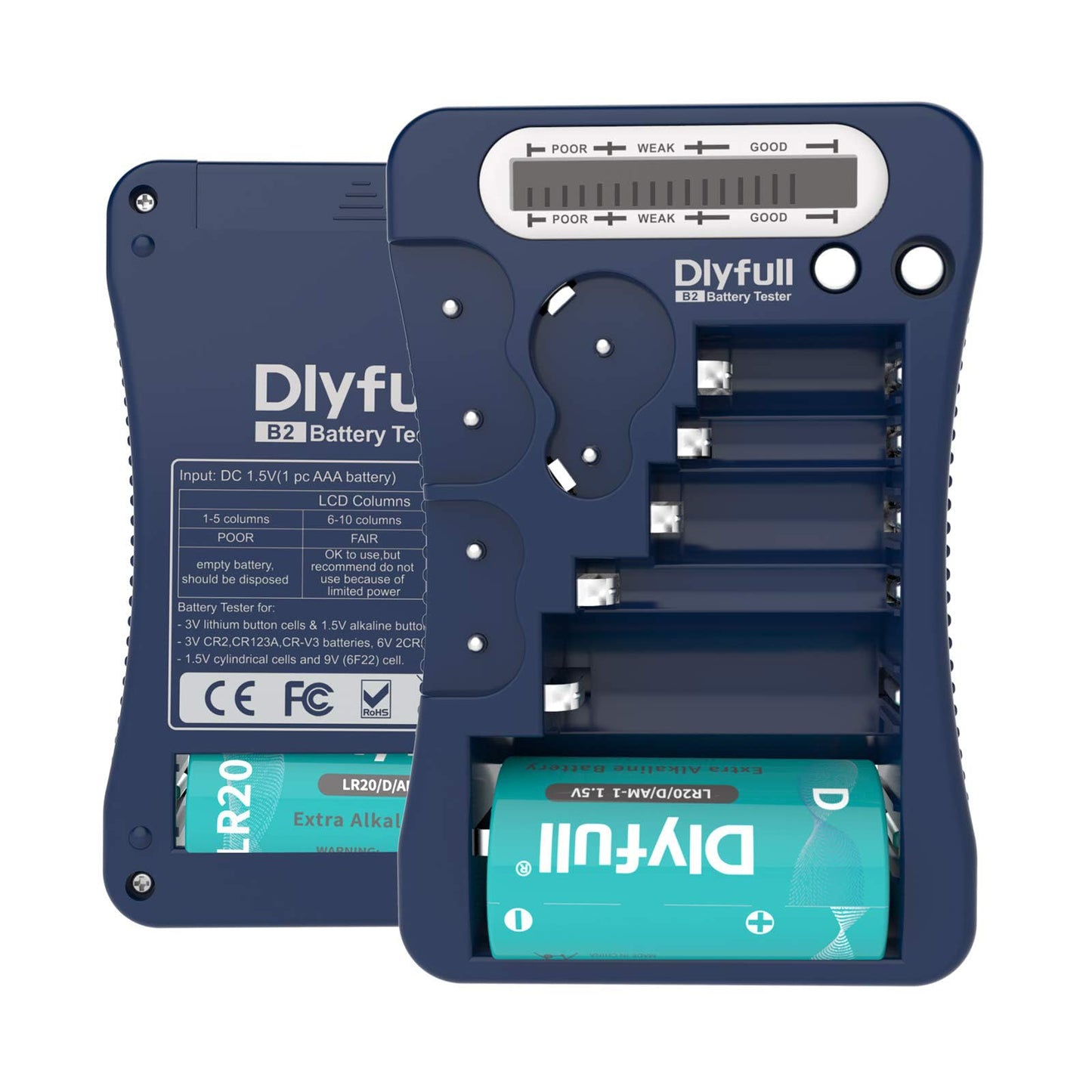 Battery Tester, Dlyfull LCD Display Universal Battery Checker for AA AAA C D 9V CR2032 CR123A CR2 CRV3 2CR5 CRP2 1.5V/3V Button Cell Batteries, 1x AAA Batteries Included