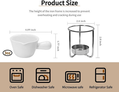4Pcs Fondue Pot Set for Chocolate Butter Cheese, 5oz Butter Warmer for Seafood with 20 Tealight, Ceramic Bowl Oven Microware Dishwasher Safe,Perfect for family dip Fruit,Dessert,Snack
