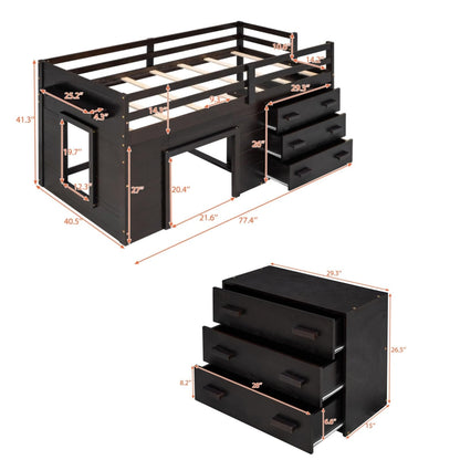 Merax Twin Size Loft Bed, Wood Bedframe for Kids Teens Adults Bedroom with Cabinet, Shelf, Stairs, Espresso