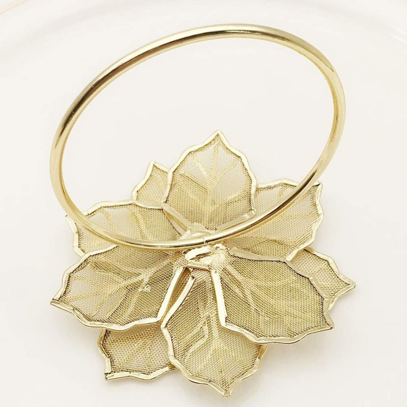 NAGU Flower Napkin Rings Set of 6, Hollow Out Floral Napkin Holder Adornment Exquisite Household Napkins Rings Set Rhinestone Napkin Rings for Wedding Banquet Christmas Table Setting (Gold)