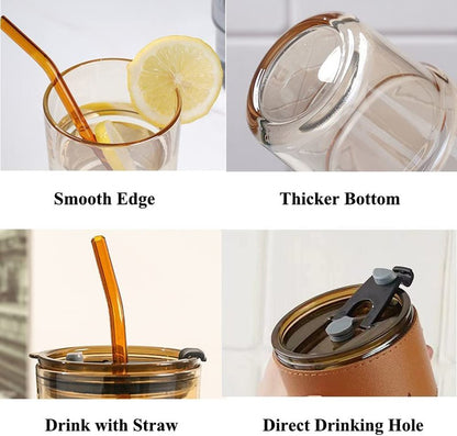 BLUEPOLAR 13 oz Tumbler Water Glass, Water Bottle with Straw and Dustproof Lid, Coffee Ice Cup Double Wall Insulated Glass Cup (Amber-2Pack)