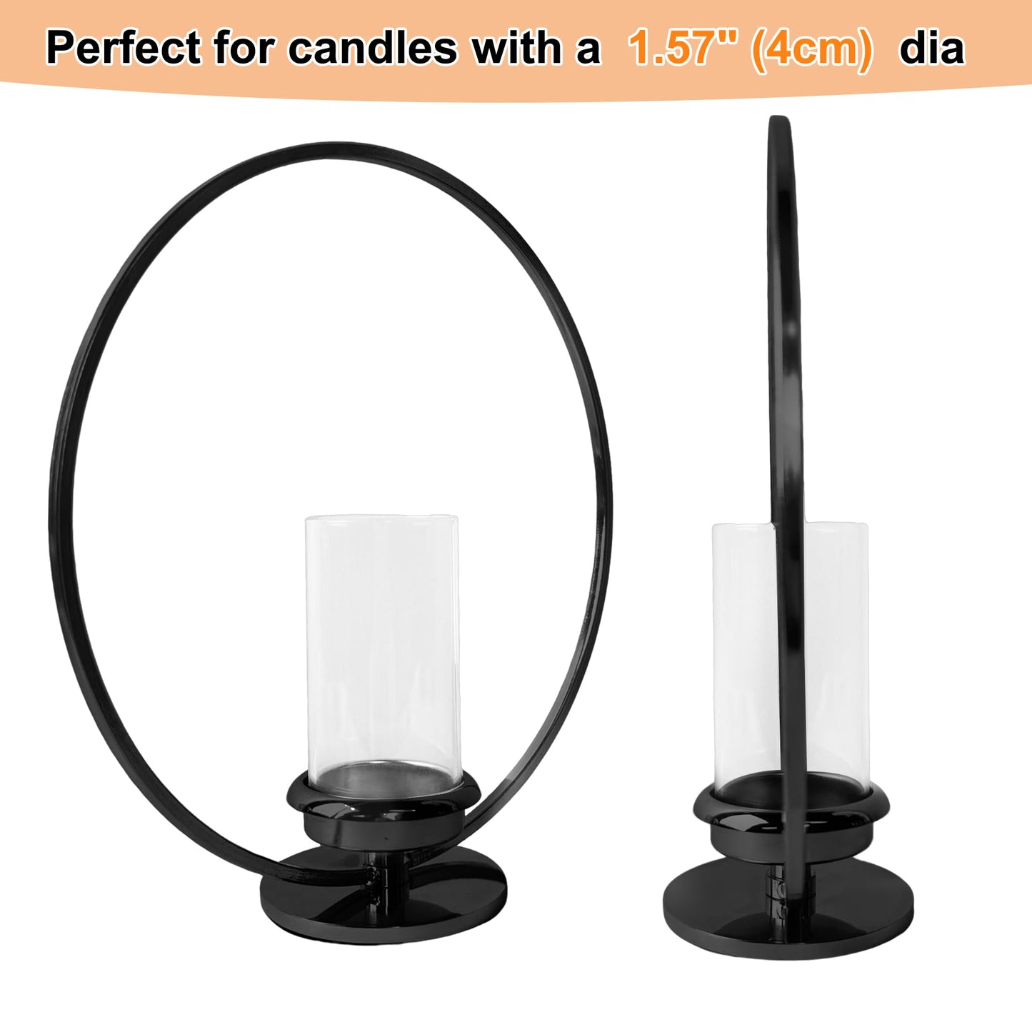 HiSnug Hurricane Candle Holders Set - Circular Metal Candlestick Holders with Glass Sleeve, 2PCS Simple Decorative Candleholder for Dining Table Centerpiece Shelf Home Decor, 2PCS, L+L, Black