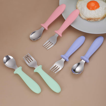 Pimoys 6 Pieces Toddler Utensils Forks and Spoons,Kids Silverware Set with Plastic Handle Stainless Steel Toddler Silverware,Dishwasher Safe