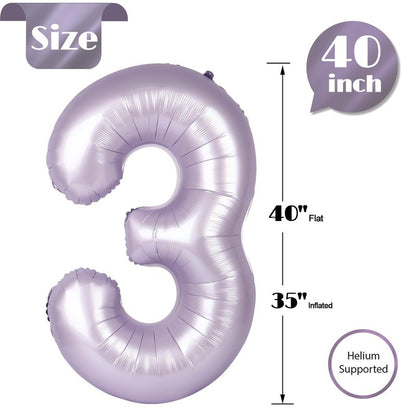 Lilac Number 3 Balloon 40 Inch, 3rd Birthday Celebration Supplies for Girls Boys Women Men, 3 Balloon for Girls Boys Theme Party