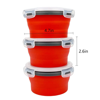 CCyanzi 3piece Round Collapsible Bowl with Lids, Silicone Food Storage Containers, Microwave & Freezer Safe, Space Saving for Kitchen Cabinet and Camping Backpack,(Pink)