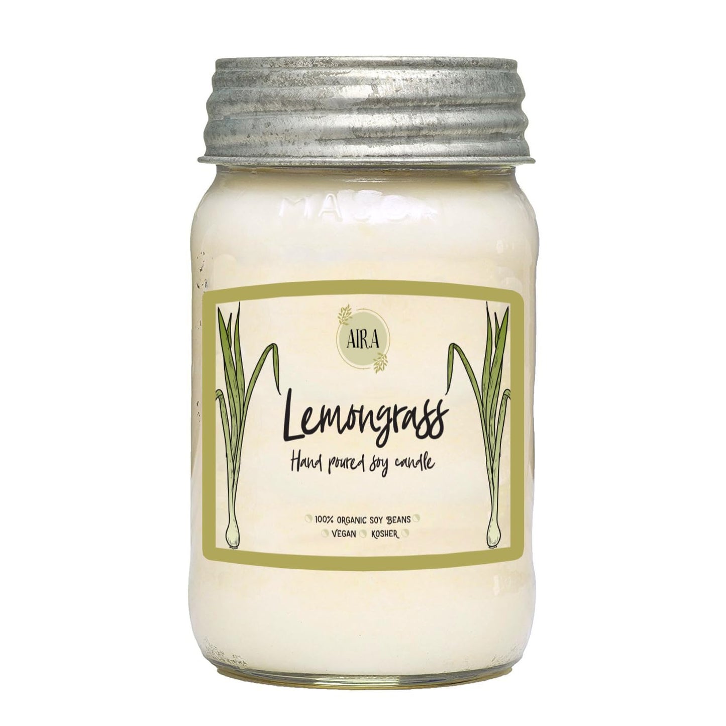 Aira Soy Candles - Organic, Kosher, Vegan, in Mason Jar w/Therapeutic Grade Essential Oil Blends - Hand-Poured 100% Soy Candle Wax - Paraffin Free, Burns 110+ Hours - Lemongrass - 16 Ounces