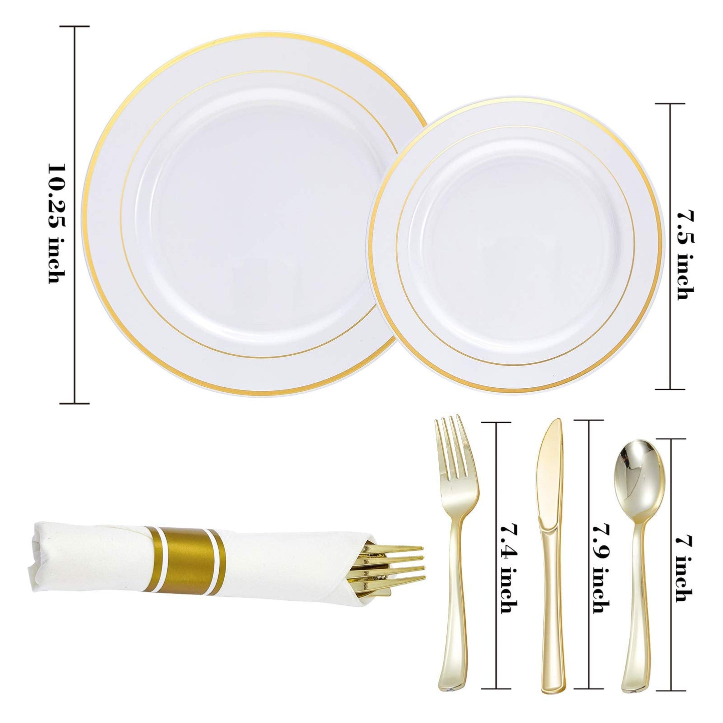 Gold Plastic Plates and Disposable Silverware w/Per-Rolled Napkins,Home Parties Heavy Duty Dinnerware incl Dinner Plates,Linen Like Napkin, Cutlery(72 pcs,12 Guests)