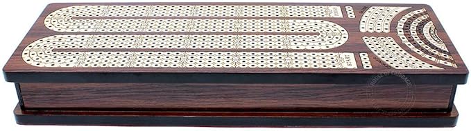 House of Cribbage - Continuous Cribbage Board/Box Inlaid in Rosewood/Maple : 4 Track - Side Drawers with Score Marking Fields for Skunks Corners and Won Games