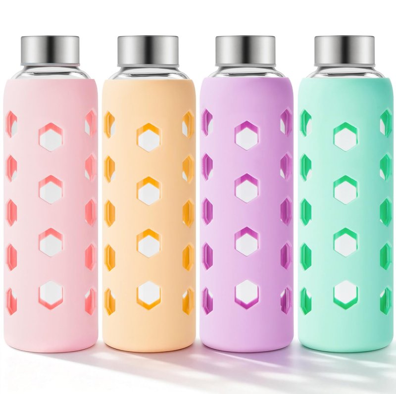 Mrsdry Glass Juice Bottles with Lids and Silicone Sleeves 18 oz, 4-Pack Reusable Clear Glass Water Bottles with Stainless Steel Airtight Cap for Juicing, Refrigerator, BPA Free Leak-Proof Drinking Jar