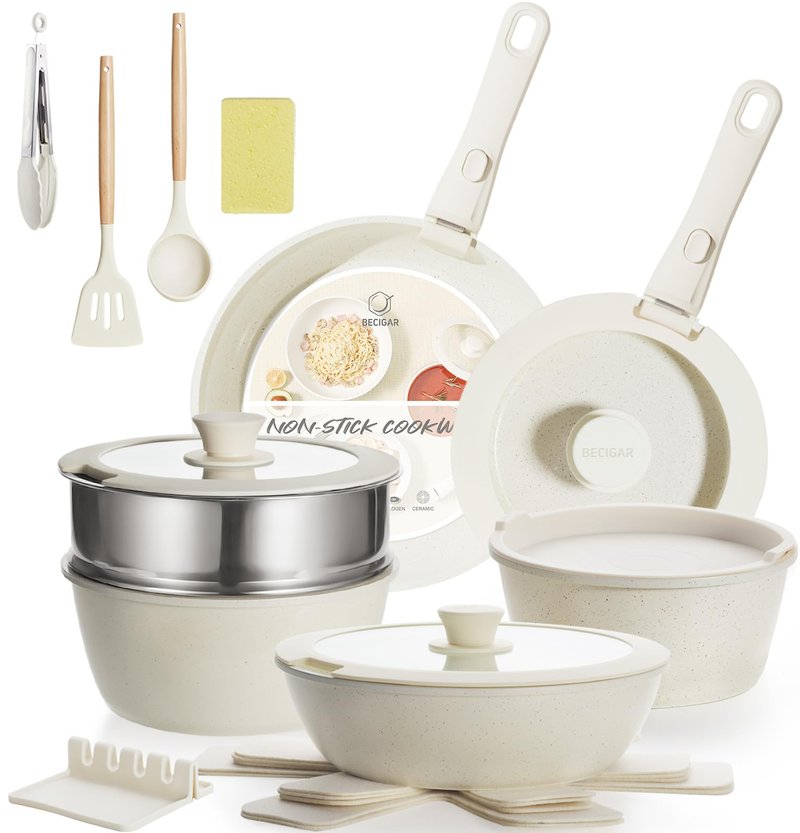 BECIGAR 21PCS Pots and Pans Set Ceramic, Pots and Pans Set Non Stick, Removable Handle, Stackable, Nonstick Cookware Set, Non Stick for Cooking