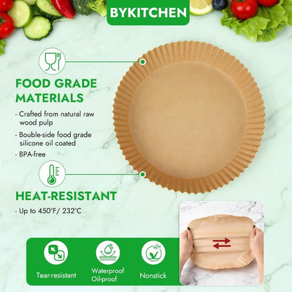 BYKITCHEN 300PCS Disposable Air Fryer Liners for Ninja AF141 5QT Pro AF181 6.5QT, Chefman 6 QT, Cosori 6QT &Other 5 to 8Qt Airfryer, 8 Inch Round Air Fryer Parchment Paper, Airfryer Basket Accessories