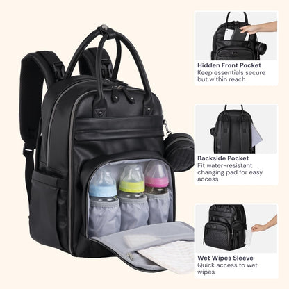 BabbleRoo Leather Diaper Bag Backpack - Baby Essentials Travel Baby Bag, Multi function, with Changing Pad, Stroller Straps & Pacifier Case – Unisex, Black