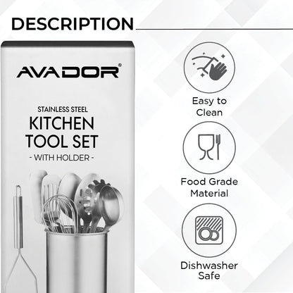 Avador® Premium Set of 10 Stainless Steel (WHITE HOLDER) Kitchen Tool Set with Holder Easy To Clean, Space Saving, Great for Cooking, Baking, Prepping (WHITE)