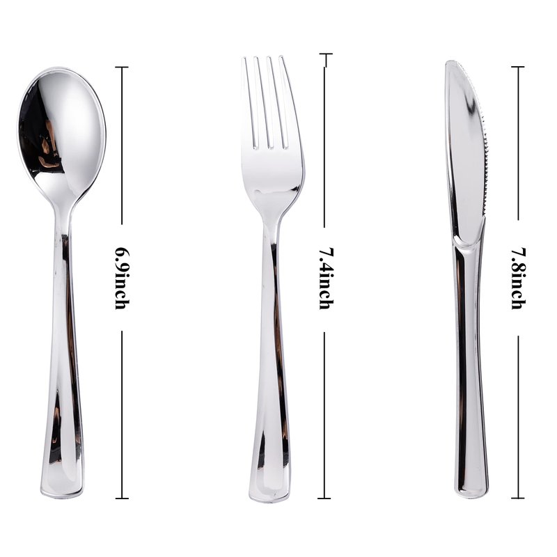 N9R 120PCS Silver Plastic Silverware, Silver Plastic Cutlery Set Disposable Flatware Dinnerware -60 Forks, 30 Spoons, 30 Knives for Wedding, Party, Birthday and Daily Use