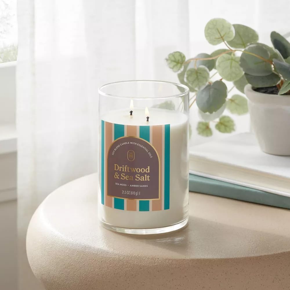 Threshold 2-Wick Lidded Glass Jar Candle (21.5oz, Driftwood and Sea Salt)