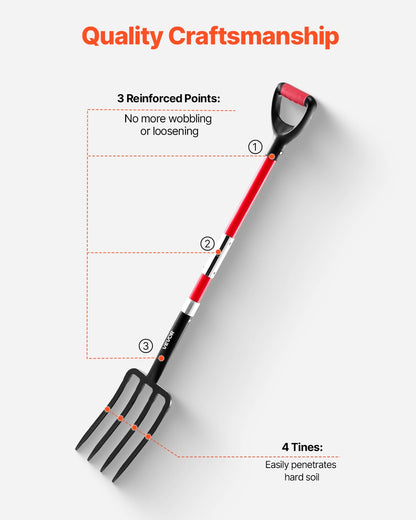 VEVOR Garden Fork, 4-Tine Gardening Pitchfork with Fiberglass Handle, 45 in Heavy Duty Digging Fork with Y Grip, Forged Steel Spading Fork for Hay Potato Composting Transplanting Aeration