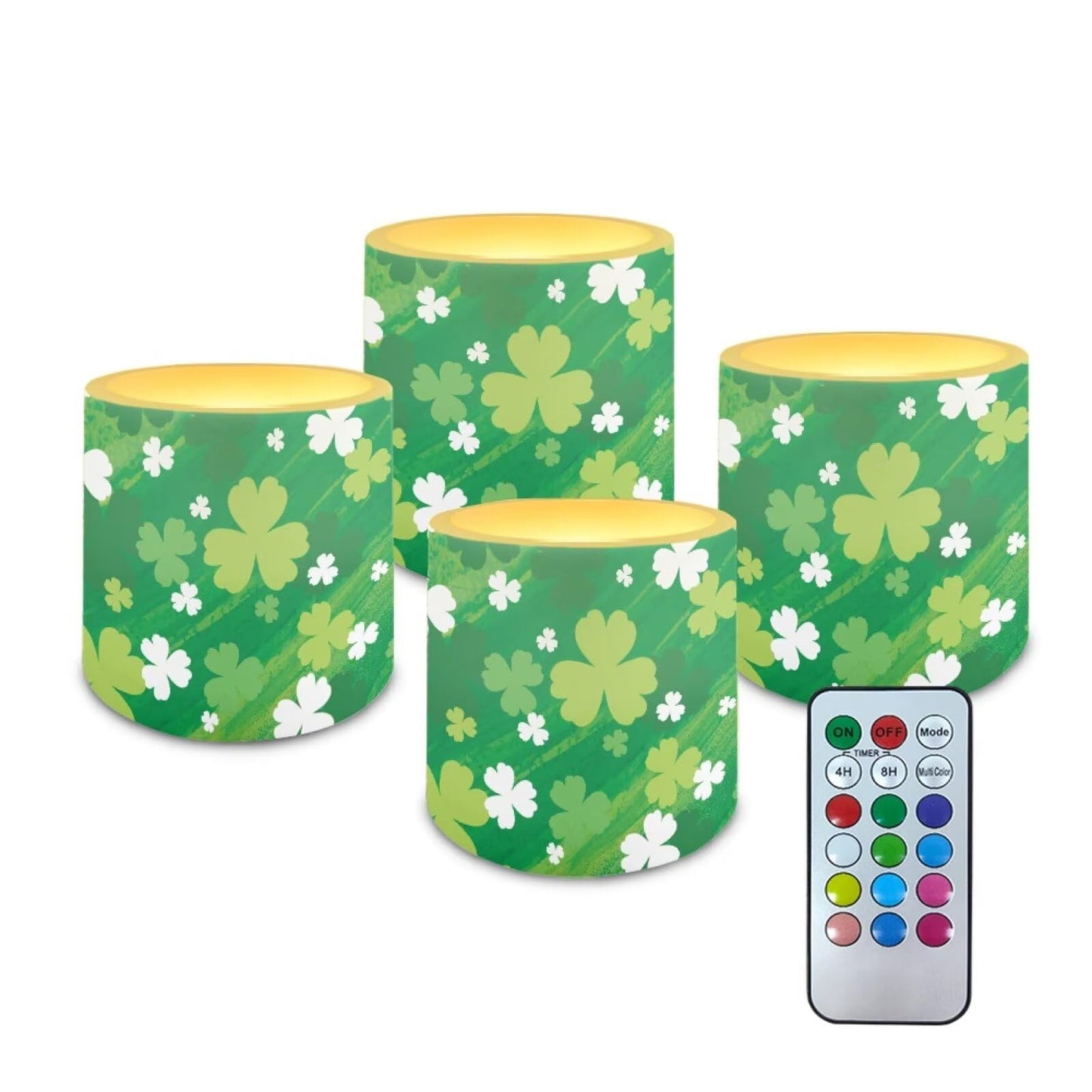 Merkmak Set of 4 Painting Shamrocks Flameless Candles Battery Operated LED Candles with Timer, St Patricks Day Real Wax Tea Lights for Patio Porch Party Home Decorations