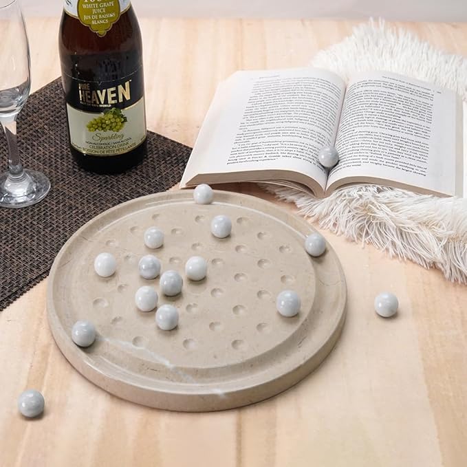 Marble Peg Solitaire Board Game 10 Inches Beige Stone Game with 42 White Assorted Marble Balls Classic Brain Puzzle for Fun Elegant Decor for Family Only