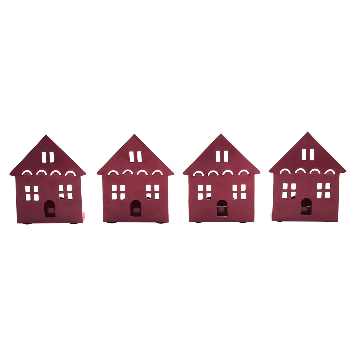 VHC Brands Tealight Holder House Burgundy Set of 4 4.5x3.75x2.25