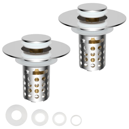 Universal Bathroom Sink Drain Strainer Hair Catcher 2PCS Upgraded with Removable Stainless Steel Filter Basket, 3 in 1 Pop Up Sink Stopper for 1.1''~2.36'' Sink Basin Hole, Chrome