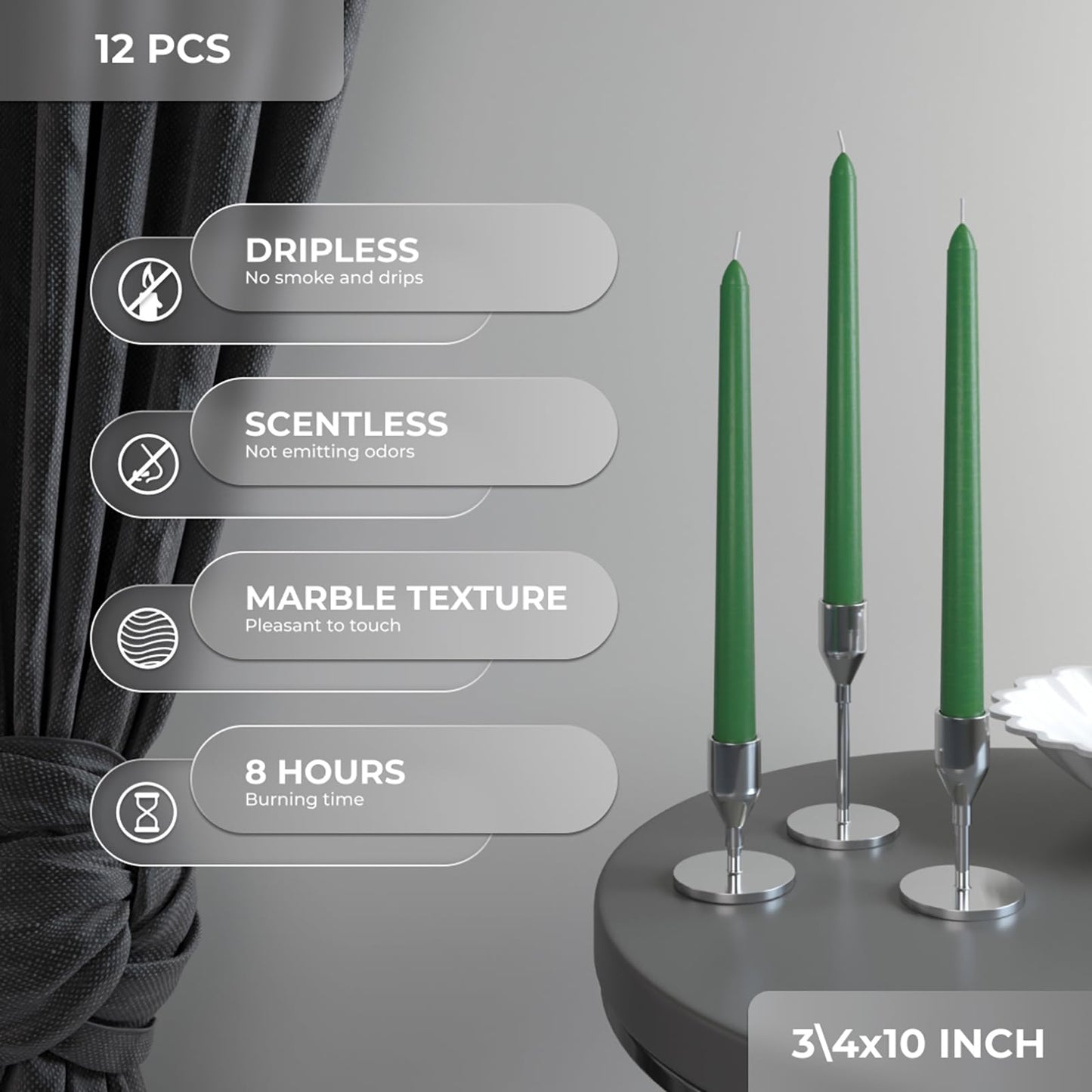 CANDWAX 10 inch Candlesticks Set of 12 - Dripless Taper Candles Perfect for Party or Decor - No Drip Green Candle