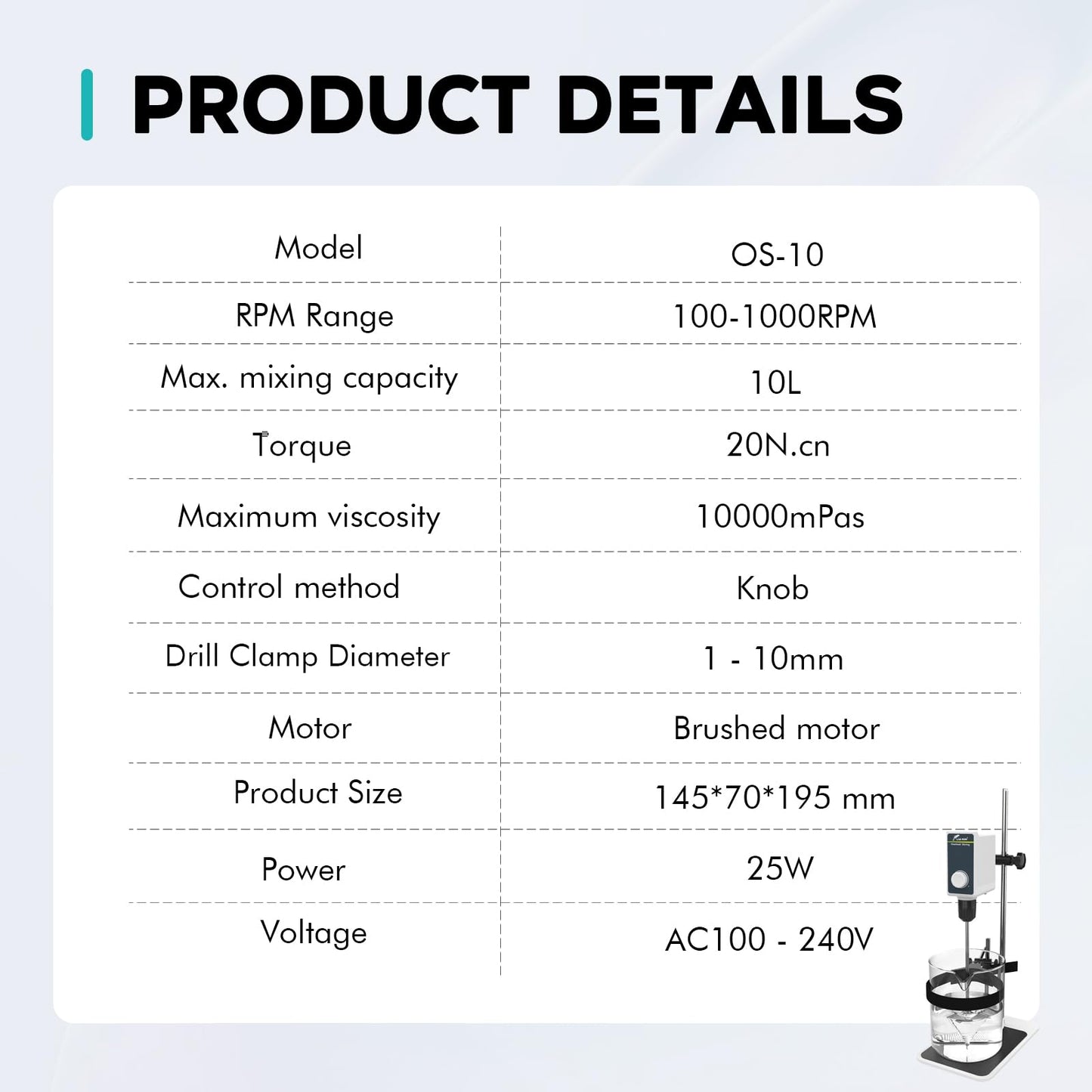 LAB FISH Laboratory Overhead Stirrer Lab Stirrer | Stirring Rod and Stainless Steel Stand | Mixer Adjustable Speed 100-1000RPM Capacity 10L 10000 mPas AC 100-240V