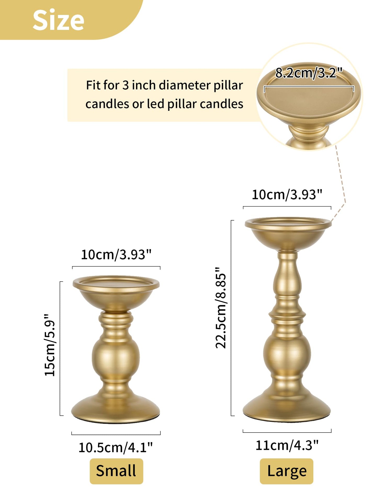 Set of 2 Gold Metal Pillar Candle Holders for 3 inches Dia Candle, Wedding Centerpieces Candlestick Holders Stand Centerpiece Decoration Ideal for Weddings, Special Events, Parties