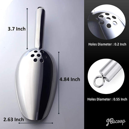 JBscoop Ice Scoop with Holes. Stainless Steel Ice Scoop with Drain Holes to Reduce Unwanted Dilution. Heavy Duty and Dishwasher Safe. Six Ounce Capacity.