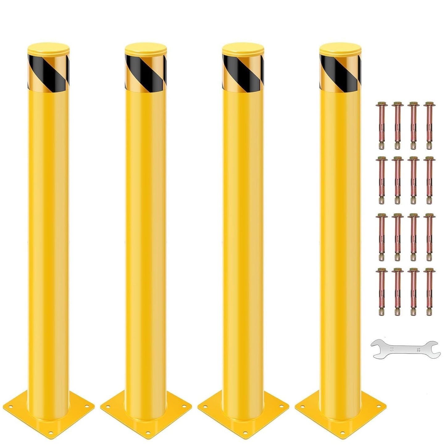 4 Pack Safety Bollard, 30 x 4.5 Inch Steel Bollard Post, Yellow Parking Post, Removable Safety Barrier with Anchor Bolts, High Visibility Driveway Barrier for Construction, Traffic Control, Warehouses
