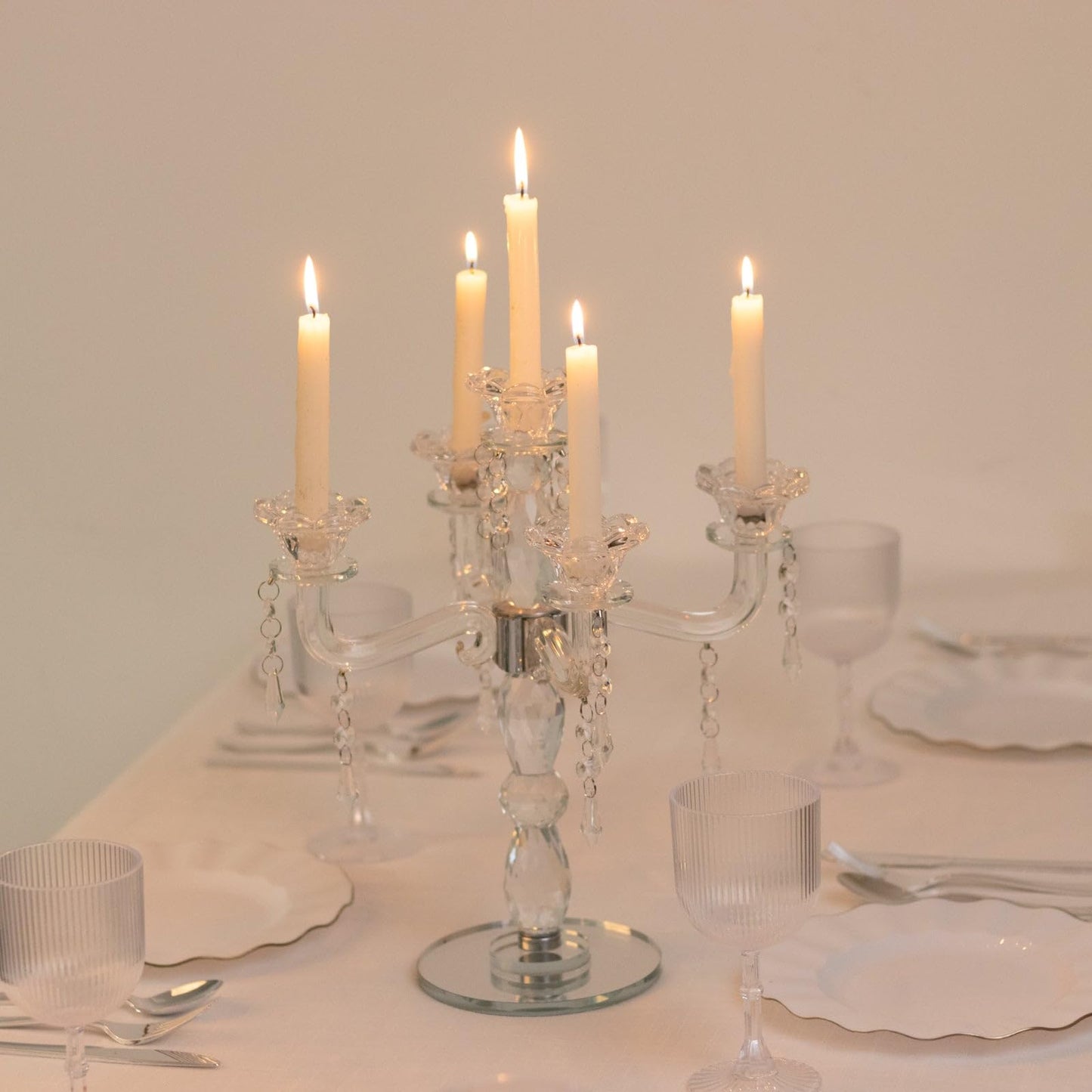 Efavormart Crystal 5-Arm Candelabra Taper Candle Holder with Hanging Prisms & Round Mirror Base – Faceted Cut Glass Design - 14" Tall